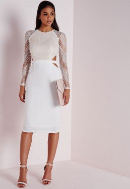 Lace Long Sleeve Cut Out Midi Dress White